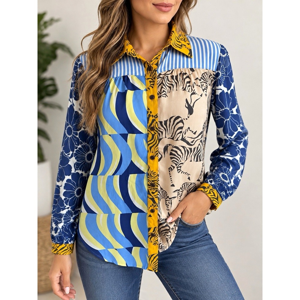 Maeve Anthropologie The Paz Buttondown Shirt XS Patchwork Tiger Print